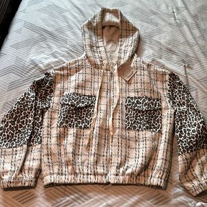 NWT Kori Tweed Contrast  leopard hooded jacket